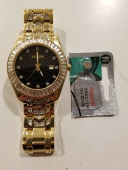 Mens Elgin gold tone crystal watch (battery replacement needed) New Battery Included