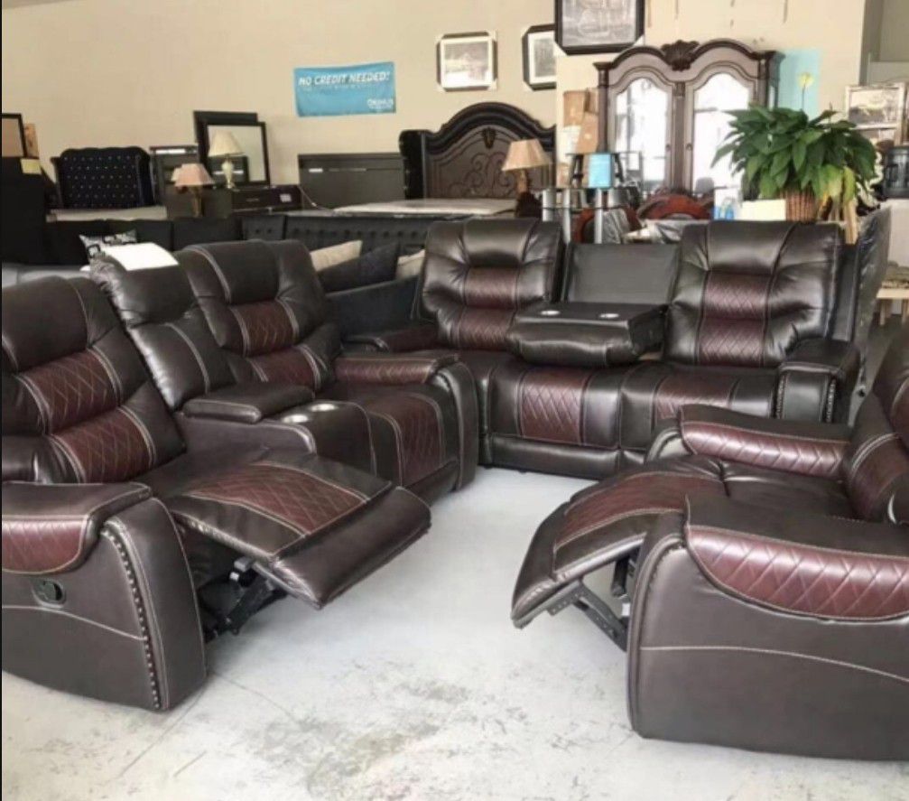 2-Tone Brown Reclining Leather 3 Piece Sofa Set 