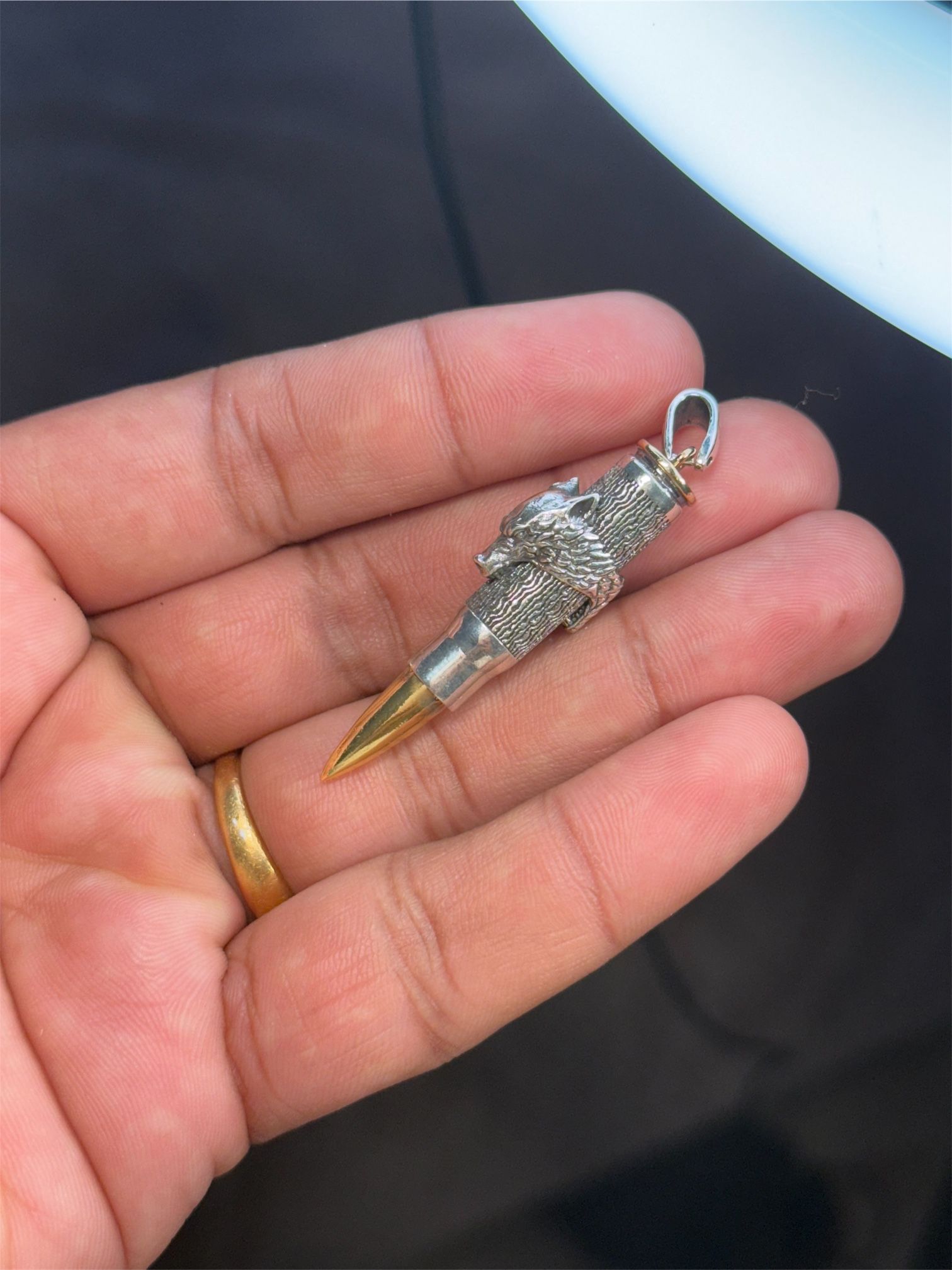 Handmade 925 Silver Wolf Bullet Pendant • 2.5 Inch • Gold Spike Tip