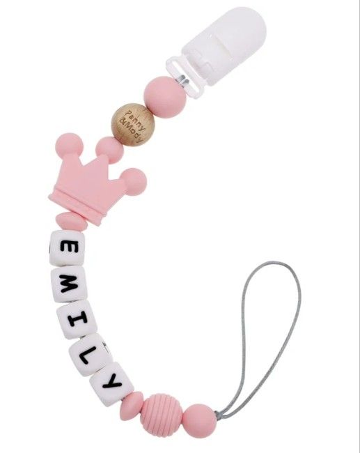 Personalized Pacifier Clip with Name, Panny & Mody Customized Pacifier Holder Leash with Name (Pink Crown