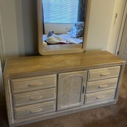Wooden White Oak Dresser With Attached Mirror 