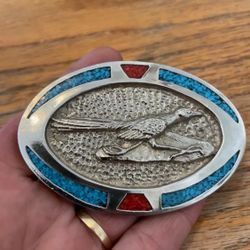 Teal Blueish Turquoise & Red Oblong Oval Roadrunner Bird 3D Design Face Silver Belt Buckle 