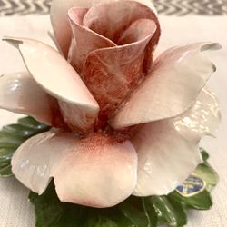 Vintage pink rose Capodimonte fine porcelain candle holder. Made in Italy. 