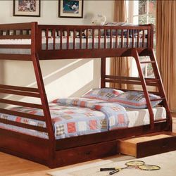 NEW CHERRY TWIN OVER FULL BUNK BED W/ TRUNDLE DRAWERS