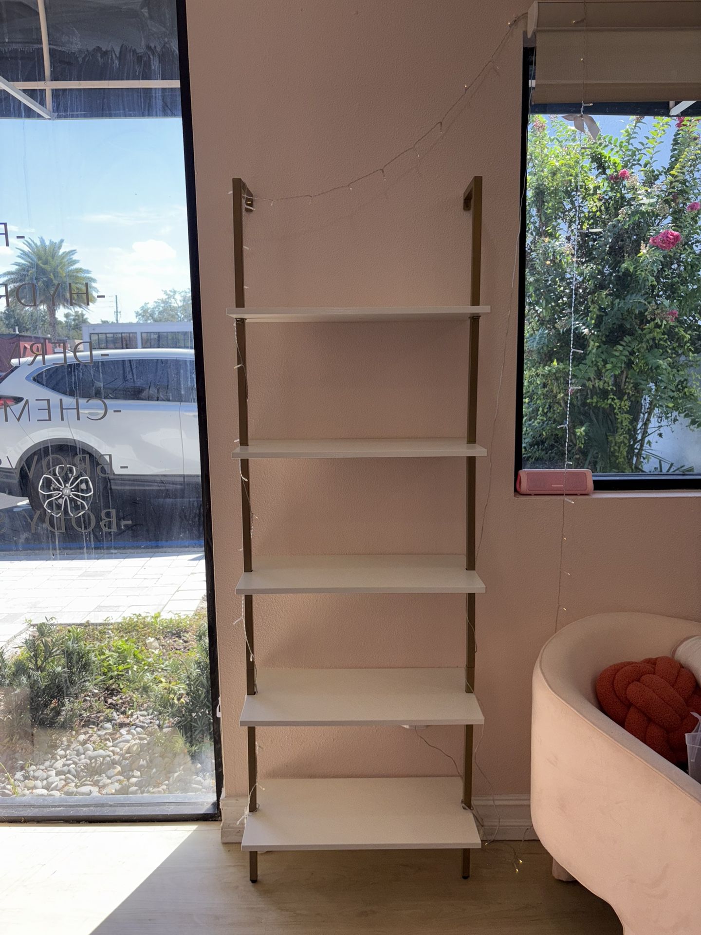 5-Shelf Ladder Wall Bookshelves White Gold x2