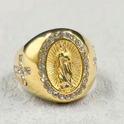 316L Stainless Steel 18 k gold  plated Ring, Inlaid With Rhinestone Cross Virgin Mary Ring