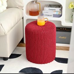 Red Ottoman Poof, Hand Knitted Cotton Footrest, Pouffe Accent Chair, Sitting Braided Footrest