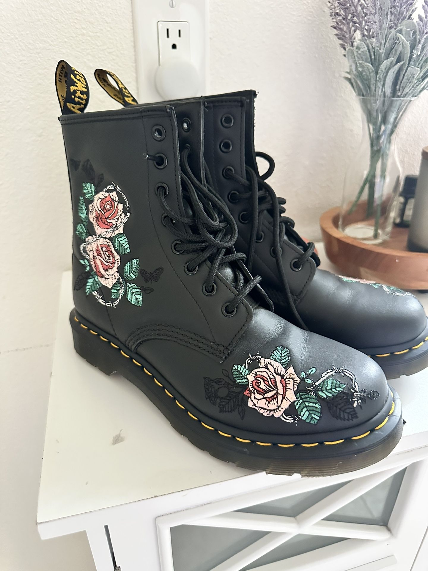 Dr Martens w/ Pink Roses Lace Up Boots