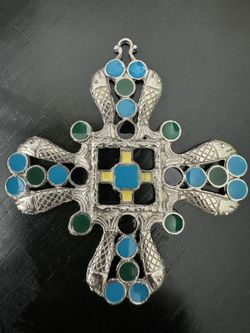 Vintage St Labre Silver Tone Maltese Cross Pendant With Fish And 3 Color Inlay