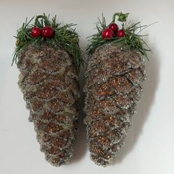 Pair Large Iced Pinecone Christmas Ornaments Beaded Frost Red Berry 6”