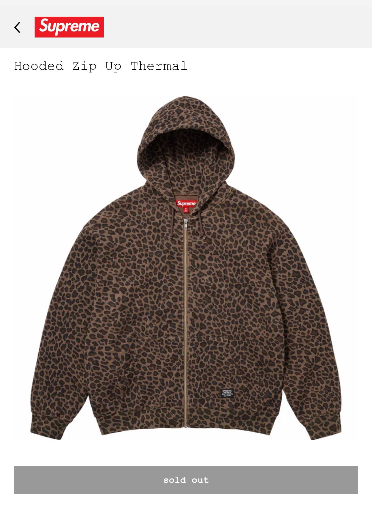 Supreme Hooded Zip Up Waffle Thermal Leopard Print Size Medium