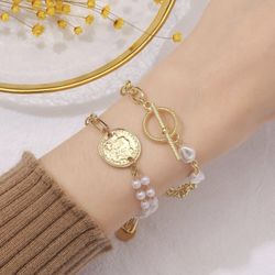 2pcs Round & Faux Pearl Decor Bracelet
