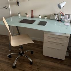 Frosted White Glass Computer Desk & chair