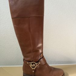Michael Kors Tall Leather Boot With MK Logo Camel Tan Size 5M