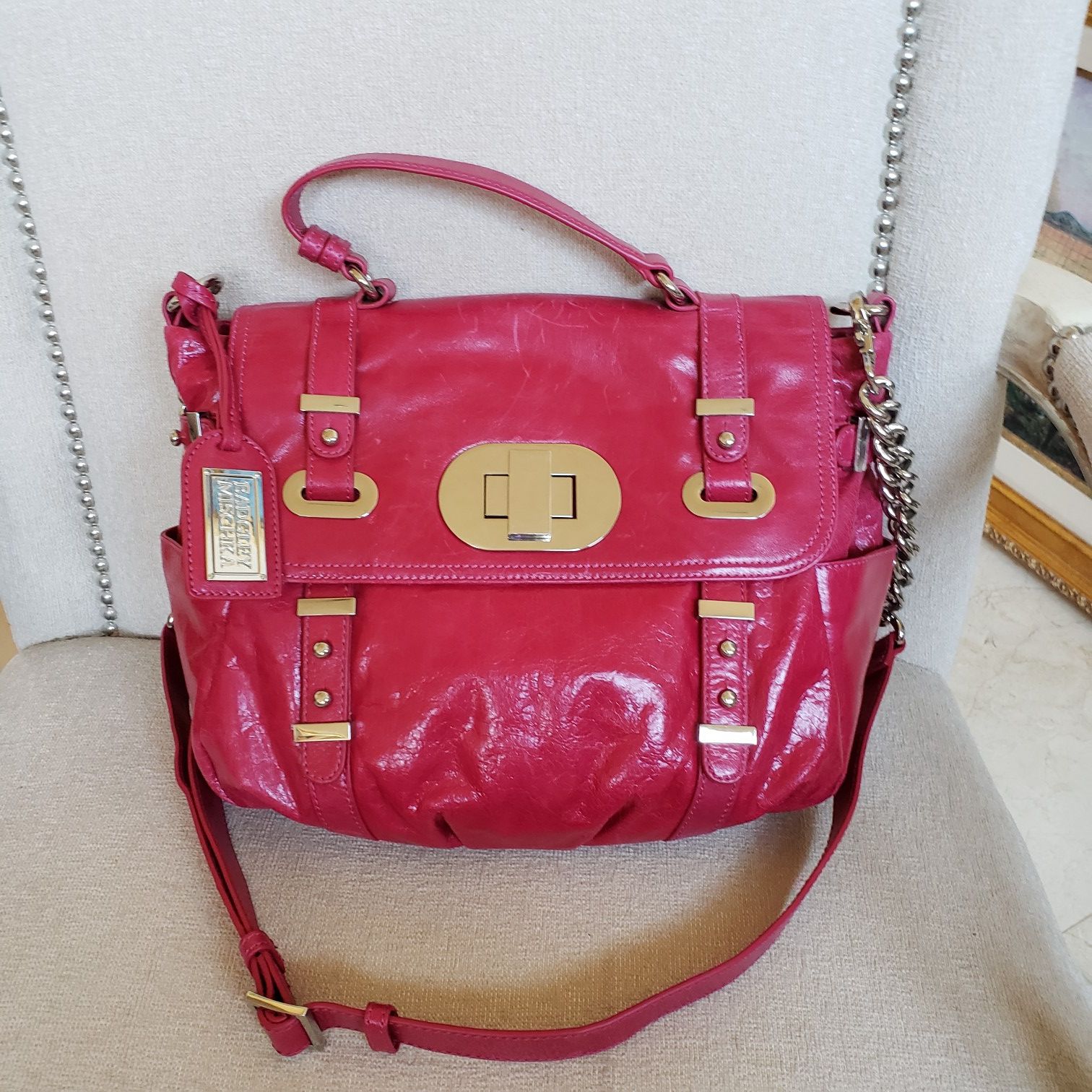 BADGLEY MISCHKA LARGE SHOULDER BAG CROSSBODY HANDBAG LEATHER PINK FUCHSIA SILVER