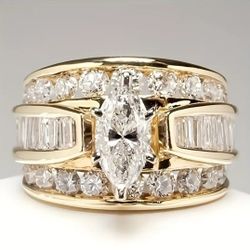Women's Fashion Golden Silvery Three Rows Of White Zircon Ring