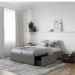 Brand New In A Box Upholstered Platform Bed for Raised Mattress Support with Underbed Storage Drawers, No Box Spring Needed, Queen, Gray Linen