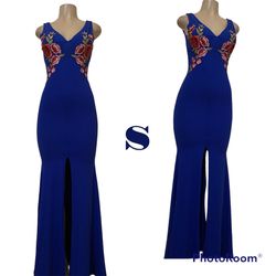 *Blue/Floral Embroidered Mermaid Slit Dress