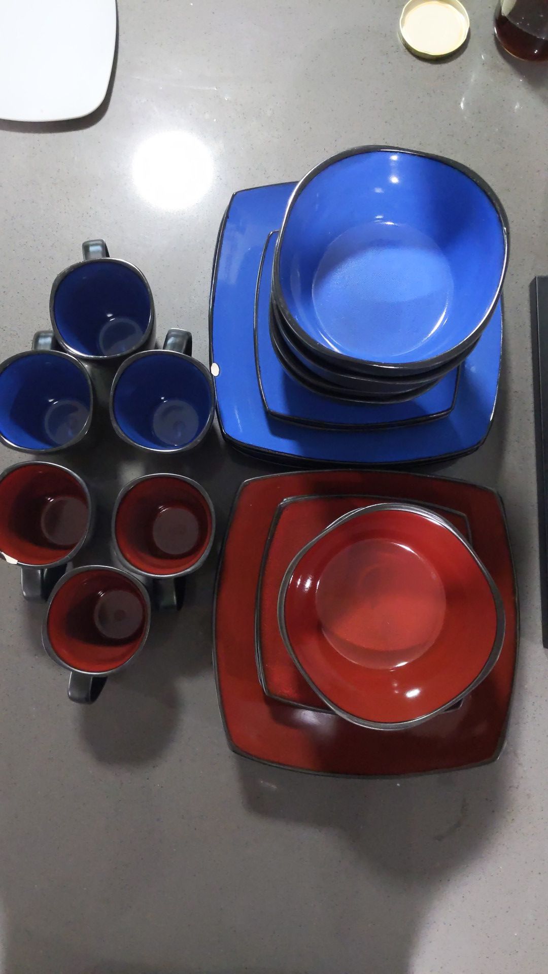 Gibson - 2 Dinnerware Sets - Red and Blue - plates, bowls, coffee cups