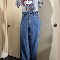 High-waisted Medium Wash Paper Bag Mom Jeans