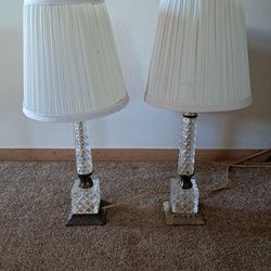 Pair Mid-Century Cut Glass & Brass Lamps