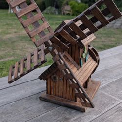 Handcrafted Wooden Windmill with Water Wheel & Butterfly Accents - Rustic Decor

