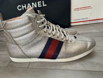 Gucci Silver Glitter Web High-Top Sneakers | Size EU 38.5 | 213923