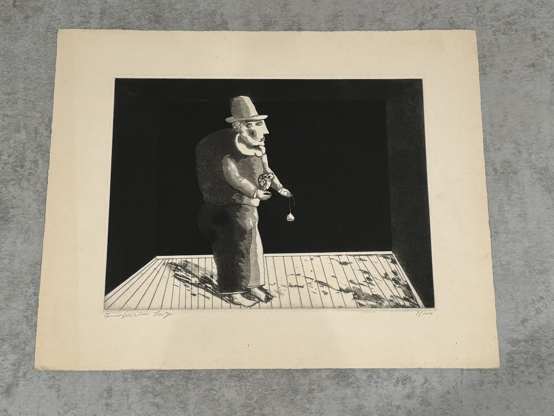 Surreal Etching "Man and Owl" by Listed Israeli Artist Benjamin Levy 8/100