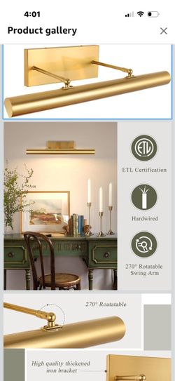 BELS Picture Lights for Wall Hardwired, 24 Inch Gold Wall Lights for Pictures,3-Light 2700k,Non-Dimmable, 270° Adjustable Swing Arm, Hardwired Wall Li