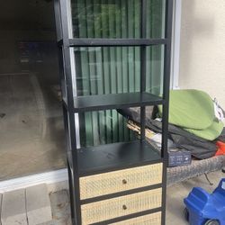 Modern Black & Rattan Bookshelf with 3 Drawers