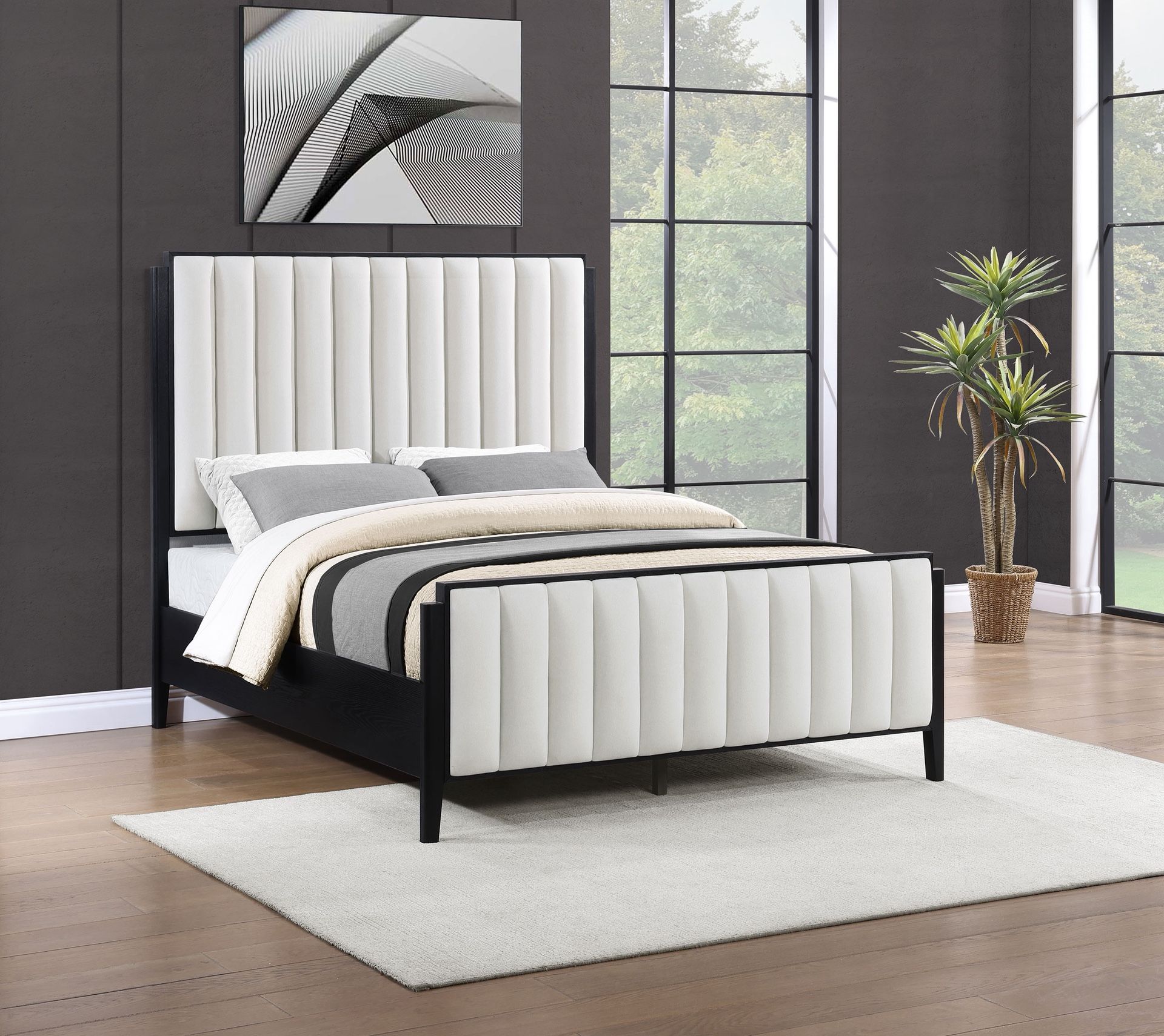 Black Wood Bed With Ivory Upholstered Headboard/Footboard - Queen & King Size Bed Available