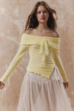 Urban Outfitters Kimchi Blue Fiora Yellow Knit Off Shoulder Chiffon Bow