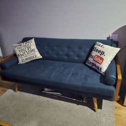 Mid-Century Modern Sofa Navy Blue Upholstery, Walnut Accents