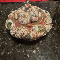 Capodimonte Porcelain Cherub Figurine Lidded Dish Hand Painted Decorative Italy