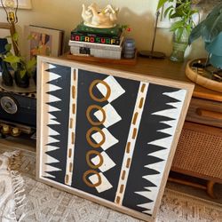 Wood frame Tribal Handpainted Abstract Black and Gold Geometric Art 29x31”