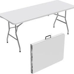 6Ft Folding Table for Indoor Outdoor, Fold-in-Half Portable Plastic Dining Table with Carrying Handle for Picnic Party Camping, White