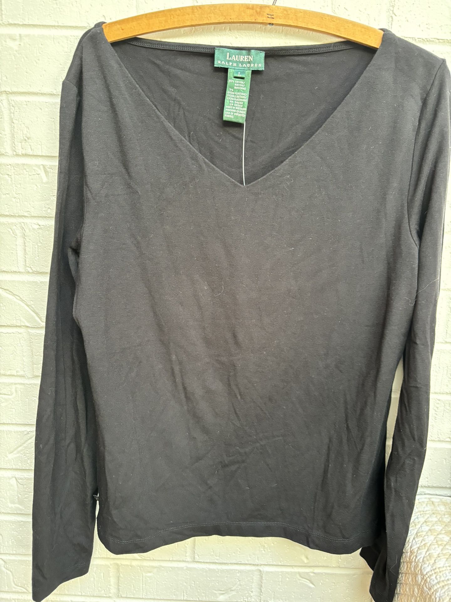 Lauren Ralph Lauren NWT Black Vneck Lycra Long Sleeve Tshirt  Size L