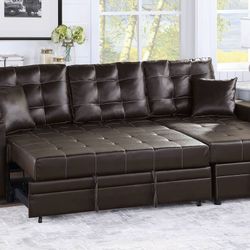 Brand New Espresso Leather Sectional Sofa Storage Sleeper 