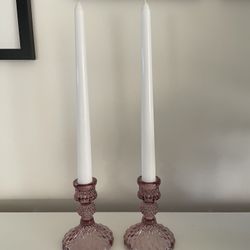 Pink glass taper candlestick holders