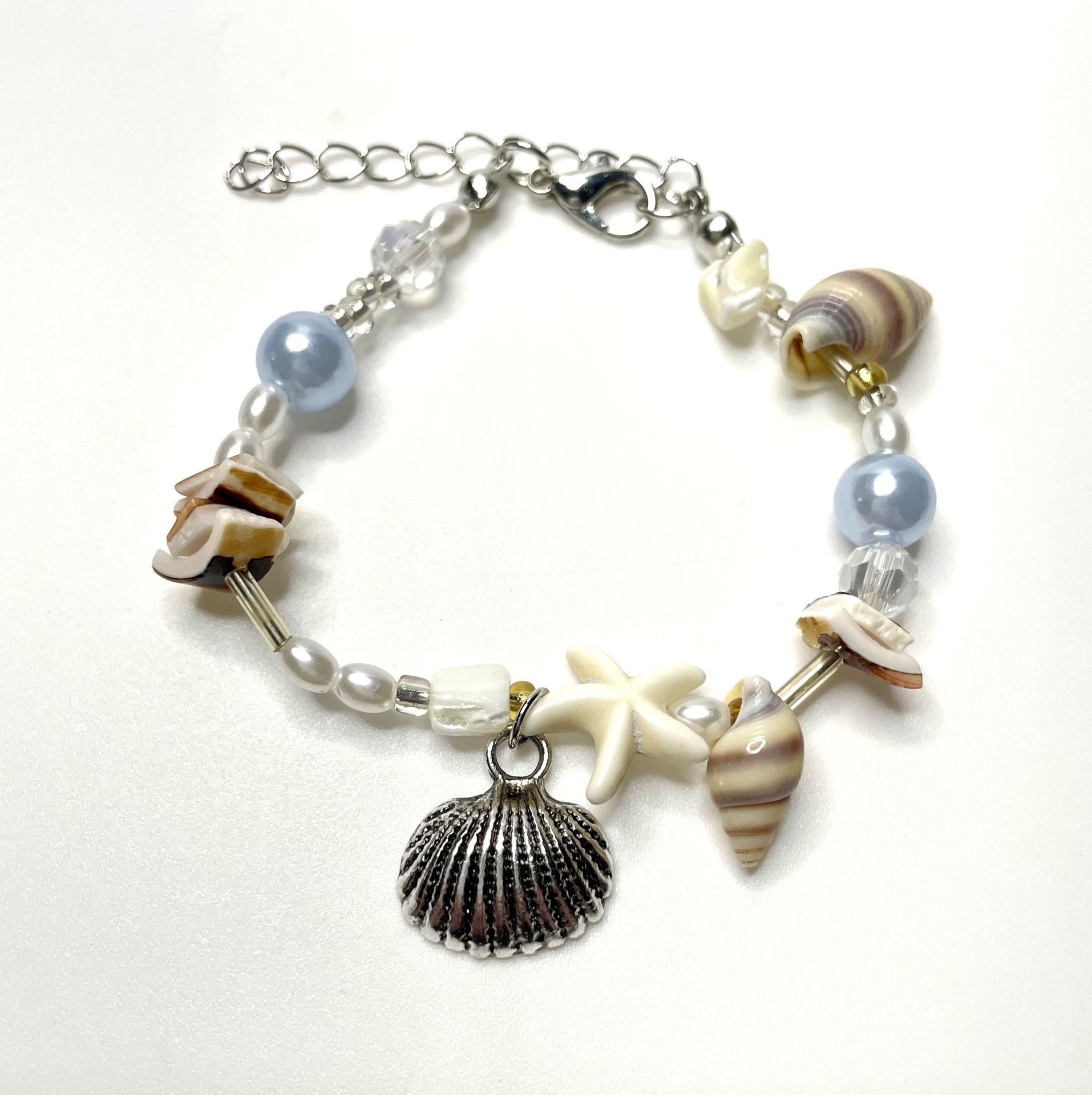 Shell Beach Bracelet silver scallop blue pearls starfish chain adjustable