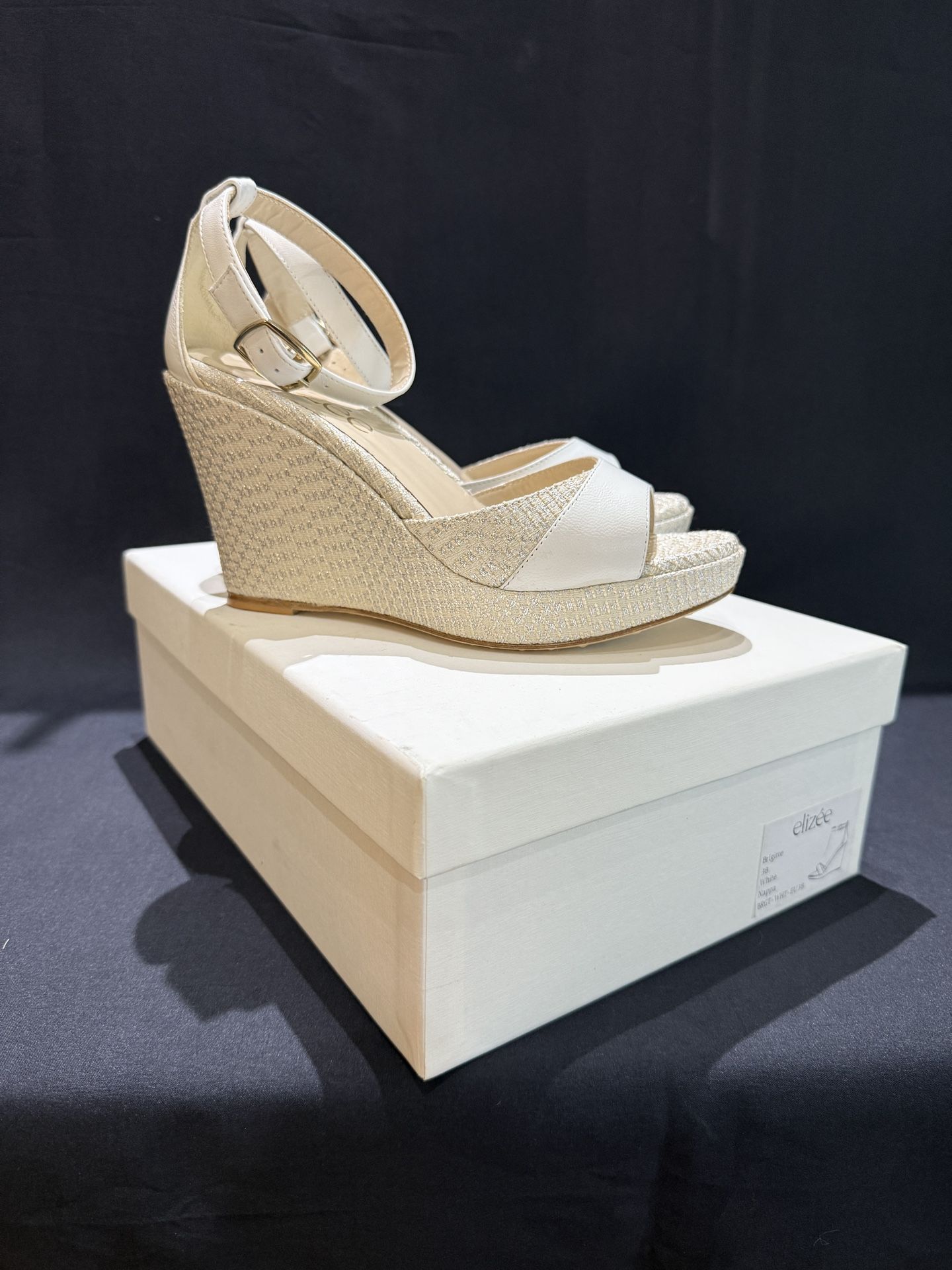 Elizée Brigitte Wedge Heels, Made in Italy | White Shimmer Linen & Leather - 7.5