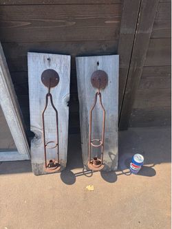 Candle holders iron, vintage on barn wood