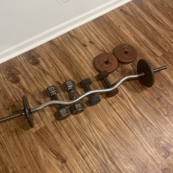 curl bar with 2 10lb metal plates, 2 pairs of dumbells