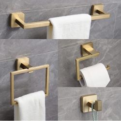 Ntipox 4 Piece Stainless Steel Brushed Gold Bathroom Hardware Accessories Set Include 16 inch Towel Bar Set Gold ，Toilet Paper Holder