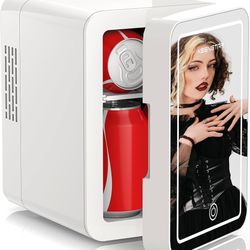 Brand New 4L Mini Fridge with LED Mirror – 6 Can Skincare Cooler & Warmer, Portable Cosmetic /Drink