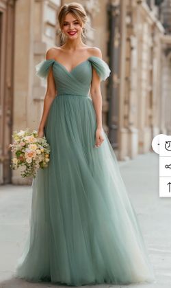 Eucalyptus Green Tulle A-Line Off the Shoulder