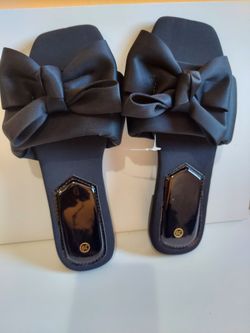 Black Satin Bow Slide Sandals Size 39