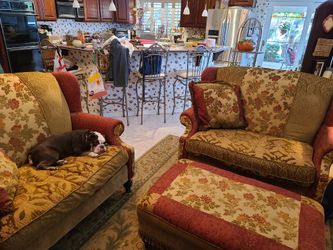 Hi-back Country French Love Seats (2) w/ Ottoman