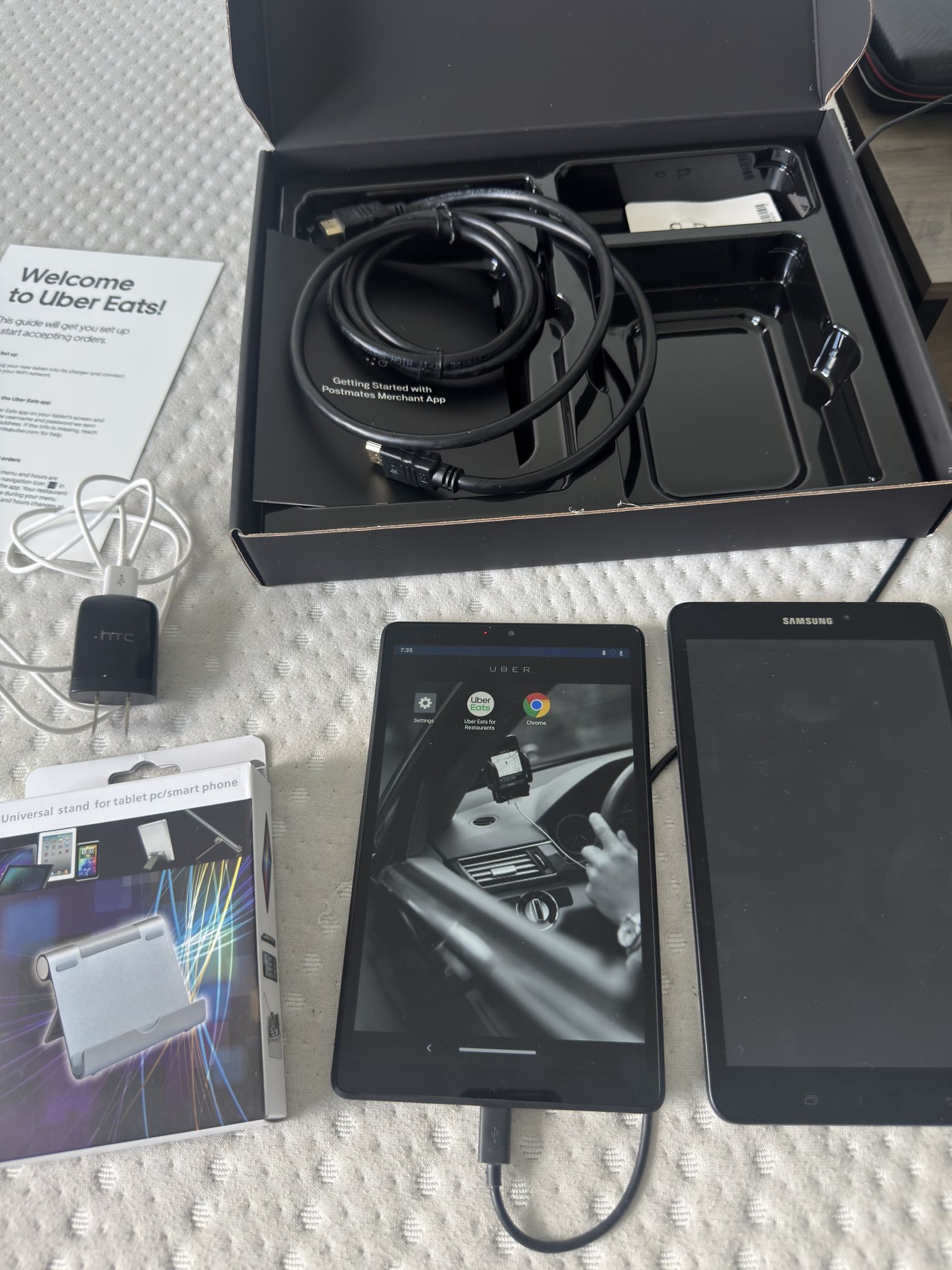 Working Lenovo Tablet For Uber Eats + Universal Stand + Samsung Tablet For Parts With Charger 