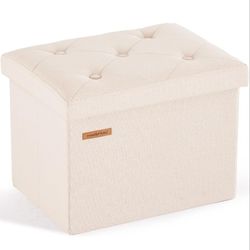 Storage Ottoman Foot Rest Stool, Small Folding Ottoman with Storage, Tufted Square Cube Footrest, Linen Beige